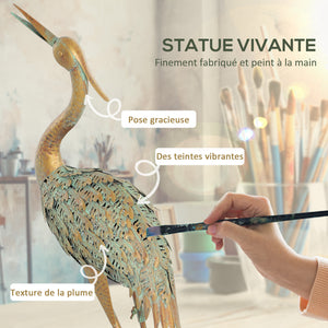 Statue jardin exterieur, sculpture de héron en métal, décoration de jardin exterieur 90 cm, pour étang, patio, terrasse, pelouse, multicolore