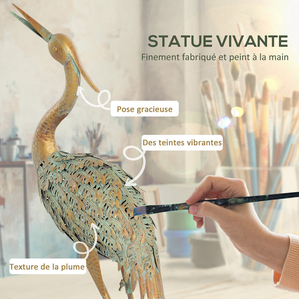 Statue jardin exterieur, sculpture de héron en métal, décoration de jardin exterieur 90 cm, pour étang, patio, terrasse, pelouse, multicolore