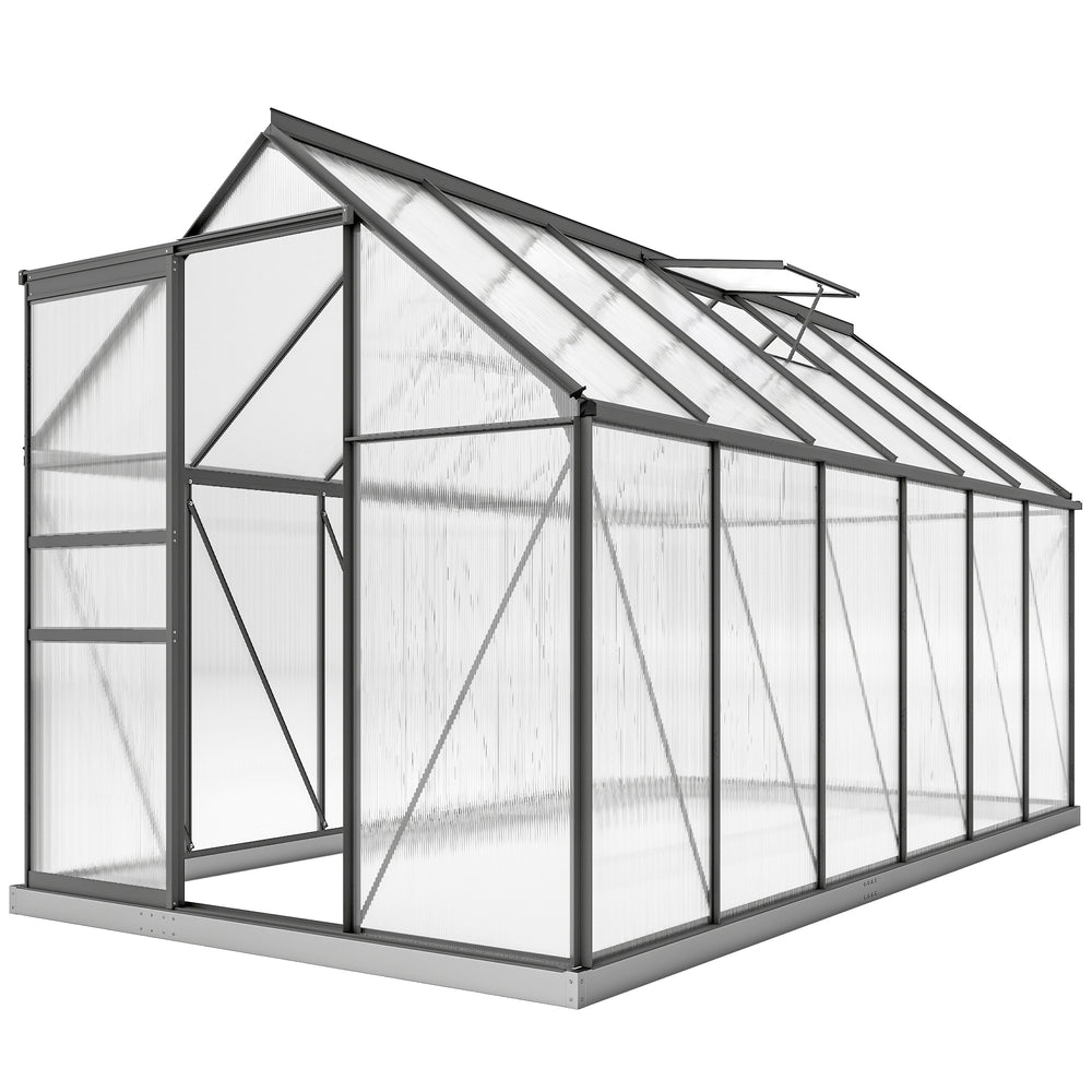 Serre de Jardin 7 m² en Aluminium Polycarbonate avec Fondation, 190 x 375 x 199 cm, Serre avec Fenêtre Réglable et Porte Coulissante, Abri Extérieur Résistant aux Intempéries, Gris Foncé
