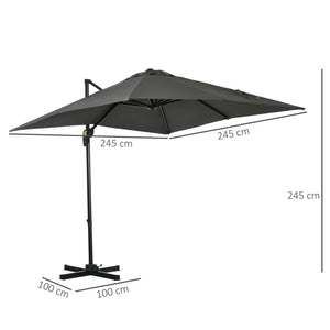 Parasol déporté carré inclinable manivelle avec pied en métal dim. 2,5L x 2,5l m alu. polyester haute densité gris