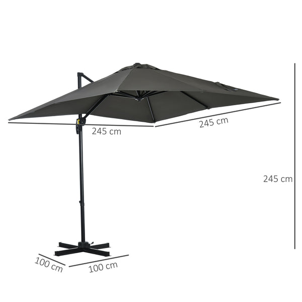 Parasol déporté carré inclinable manivelle avec pied en métal dim. 2,5L x 2,5l m alu. polyester haute densité gris