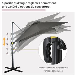 Parasol déporté carré inclinable manivelle avec pied en métal dim. 2,5L x 2,5l m alu. polyester haute densité gris