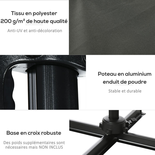 Parasol déporté carré inclinable manivelle avec pied en métal dim. 2,5L x 2,5l m alu. polyester haute densité gris