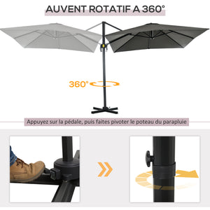 Parasol déporté carré inclinable manivelle avec pied en métal dim. 2,5L x 2,5l m alu. polyester haute densité gris