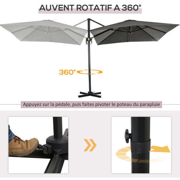 Parasol déporté carré inclinable manivelle avec pied en métal dim. 2,5L x 2,5l m alu. polyester haute densité gris