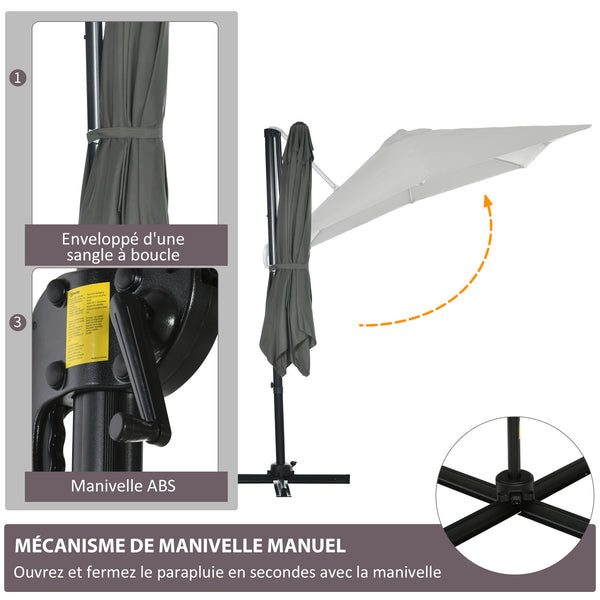 Parasol déporté carré inclinable manivelle avec pied en métal dim. 2,5L x 2,5l m alu. polyester haute densité gris