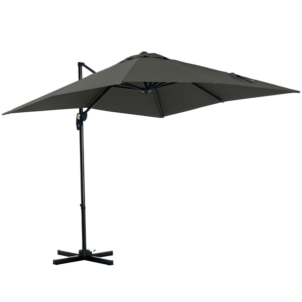 Parasol déporté carré inclinable manivelle avec pied en métal dim. 2,5L x 2,5l m alu. polyester haute densité gris