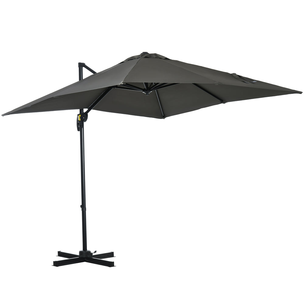 Parasol déporté carré inclinable manivelle avec pied en métal dim. 2,5L x 2,5l m alu. polyester haute densité gris