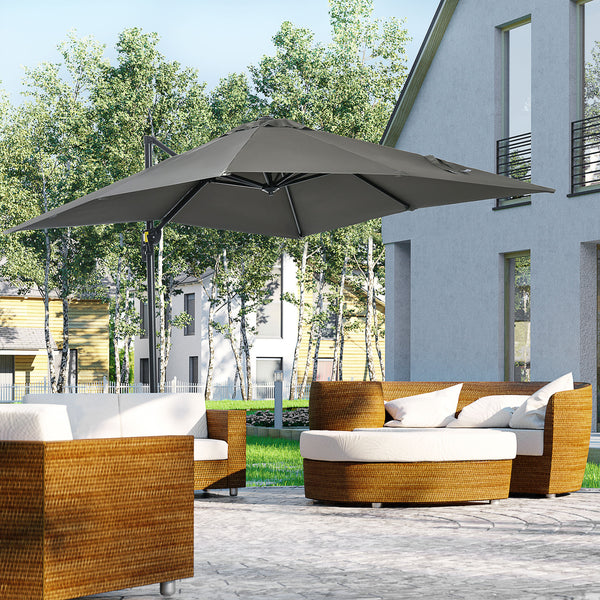 Parasol déporté carré inclinable manivelle avec pied en métal dim. 2,5L x 2,5l m alu. polyester haute densité gris