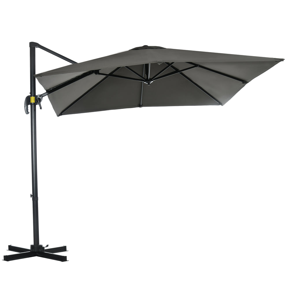 Parasol déporté carré inclinable manivelle avec pied en métal dim. 2,5L x 2,5l m alu. polyester haute densité gris