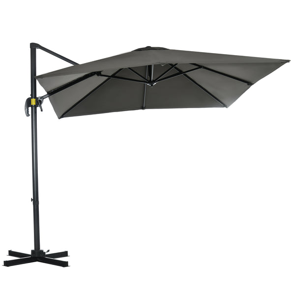 Parasol déporté carré inclinable manivelle avec pied en métal dim. 2,5L x 2,5l m alu. polyester haute densité gris