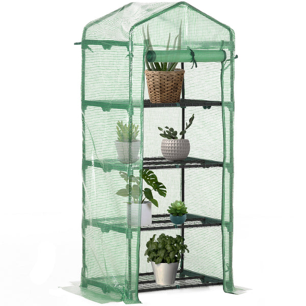 Serre de jardin PE avec étagères 4 niveaux, serre de balcon, bâche renforcée 140 /m², châssis en acier, porte zippée enroulable, pour légumes plantes, intérieur extérieur, 70x50x160cm, vert