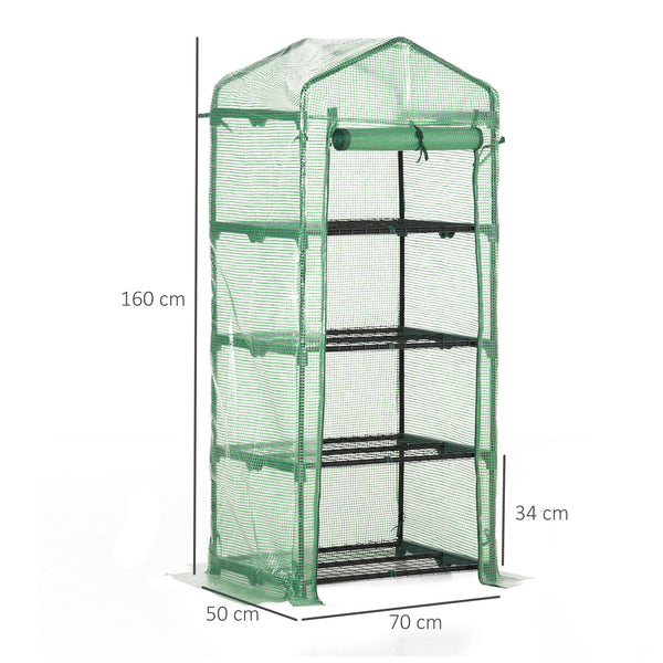 Serre de jardin PE avec étagères 4 niveaux, serre de balcon, bâche renforcée 140 /m², châssis en acier, porte zippée enroulable, pour légumes plantes, intérieur extérieur, 70x50x160cm, vert