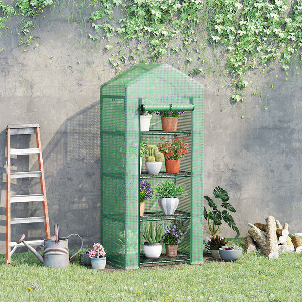 Serre de jardin PE avec étagères 4 niveaux, serre de balcon, bâche renforcée 140 /m², châssis en acier, porte zippée enroulable, pour légumes plantes, intérieur extérieur, 70x50x160cm, vert