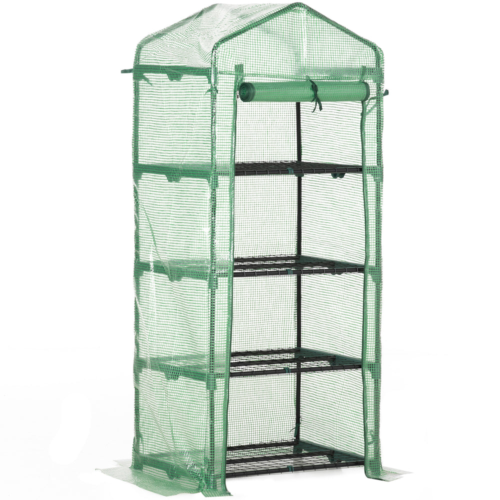 Serre de jardin PE avec étagères 4 niveaux, serre de balcon, bâche renforcée 140 /m², châssis en acier, porte zippée enroulable, pour légumes plantes, intérieur extérieur, 70x50x160cm, vert