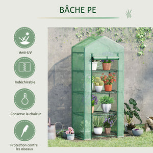 Serre de jardin PE avec étagères 4 niveaux, serre de balcon, bâche renforcée 140 /m², châssis en acier, porte zippée enroulable, pour légumes plantes, intérieur extérieur, 70x50x160cm, vert