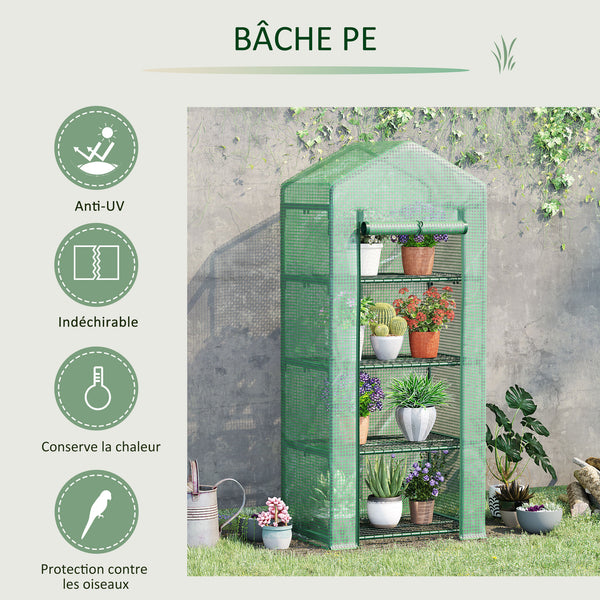 Serre de jardin PE avec étagères 4 niveaux, serre de balcon, bâche renforcée 140 /m², châssis en acier, porte zippée enroulable, pour légumes plantes, intérieur extérieur, 70x50x160cm, vert