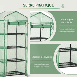 Serre de jardin PE avec étagères 4 niveaux, serre de balcon, bâche renforcée 140 /m², châssis en acier, porte zippée enroulable, pour légumes plantes, intérieur extérieur, 70x50x160cm, vert