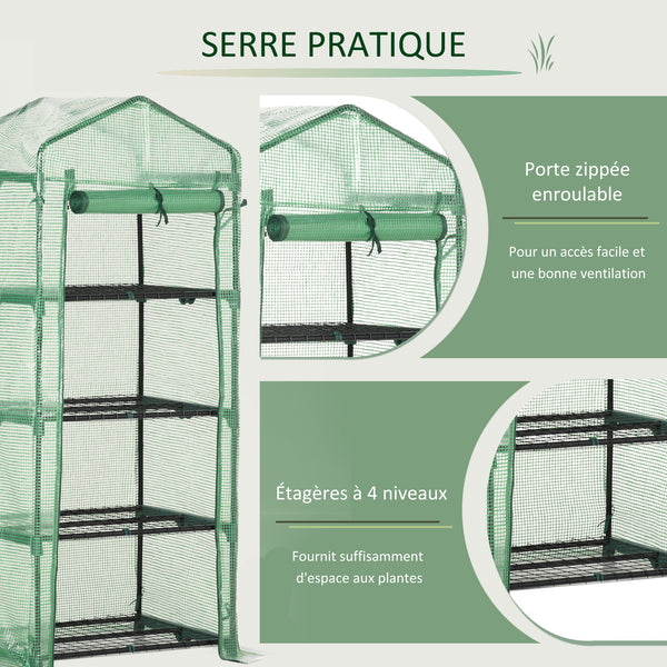 Serre de jardin PE avec étagères 4 niveaux, serre de balcon, bâche renforcée 140 /m², châssis en acier, porte zippée enroulable, pour légumes plantes, intérieur extérieur, 70x50x160cm, vert