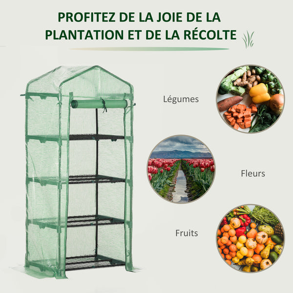 Serre de jardin PE avec étagères 4 niveaux, serre de balcon, bâche renforcée 140 /m², châssis en acier, porte zippée enroulable, pour légumes plantes, intérieur extérieur, 70x50x160cm, vert