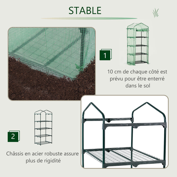 Serre de jardin PE avec étagères 4 niveaux, serre de balcon, bâche renforcée 140 /m², châssis en acier, porte zippée enroulable, pour légumes plantes, intérieur extérieur, 70x50x160cm, vert