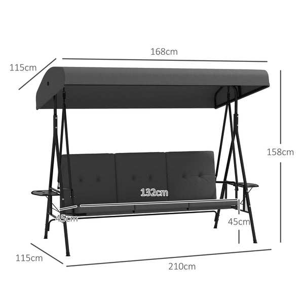 Balancelle de jardin 3 places grand confort inclinaison toit réglable, 2 tablettes latérales, coussins, acier polyester gris foncé