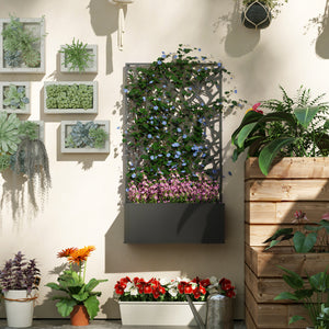 Jardinière avec treillis à motif arbres, bac à fleurs, lit surélevé, pour plantes grimpantes, légumes, fleurs, en métal, intérieur et extérieur, cour, jardin, balcon, 61 x 23 x 113 cm, noir