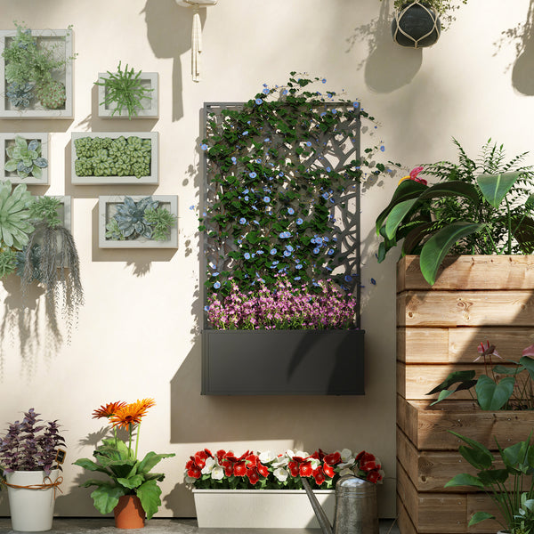 Jardinière avec treillis à motif arbres, bac à fleurs, lit surélevé, pour plantes grimpantes, légumes, fleurs, en métal, intérieur et extérieur, cour, jardin, balcon, 61 x 23 x 113 cm, noir