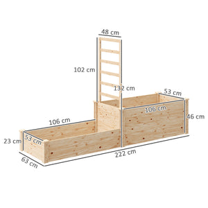 Jardinière avec treillis, lit surélevé de jardin, jardinière extérieure à 2 bacs avec fond ouvert, bac à fleurs en bois pour balcon terrasse patio, 222 x 63 x 132 cm, effet bois naturel