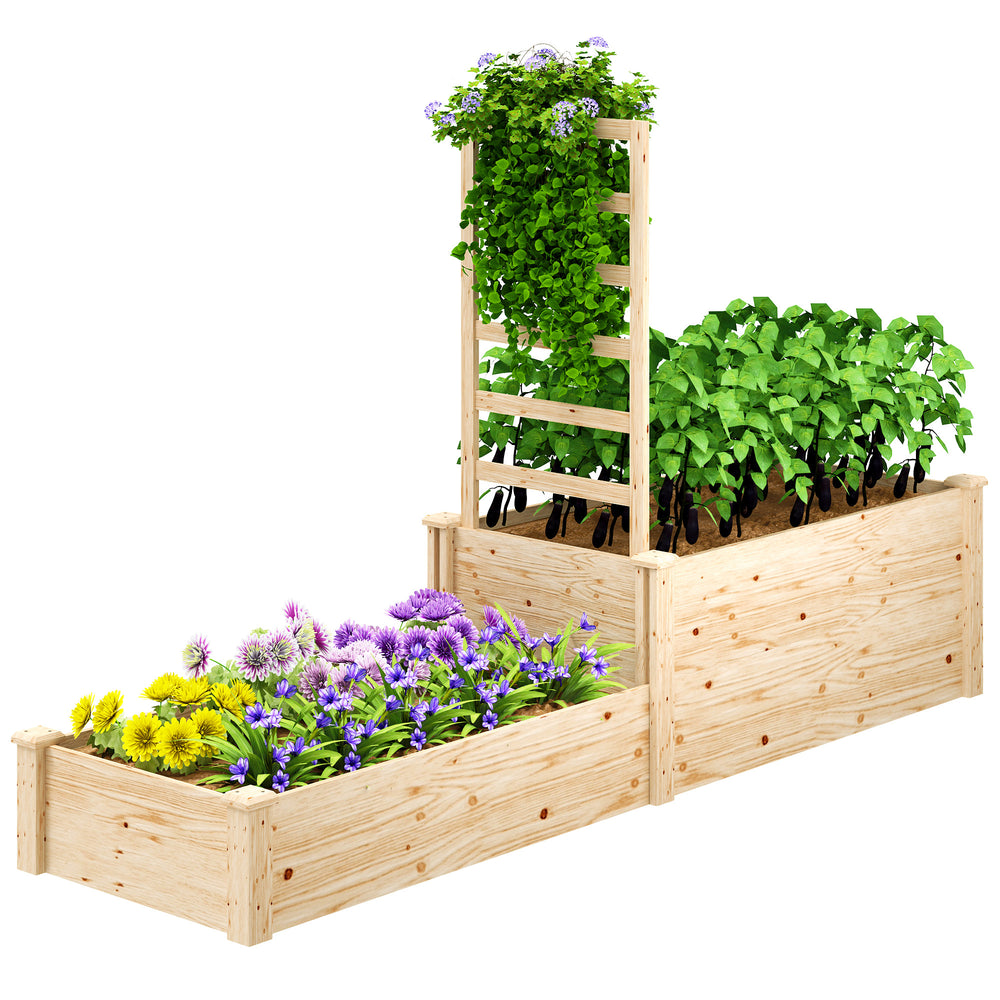 Jardinière avec treillis, lit surélevé de jardin, jardinière extérieure à 2 bacs avec fond ouvert, bac à fleurs en bois pour balcon terrasse patio, 222 x 63 x 132 cm, effet bois naturel