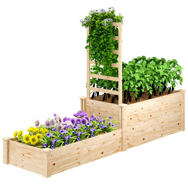 Jardinière avec treillis, lit surélevé de jardin, jardinière extérieure à 2 bacs avec fond ouvert, bac à fleurs en bois pour balcon terrasse patio, 222 x 63 x 132 cm, effet bois naturel