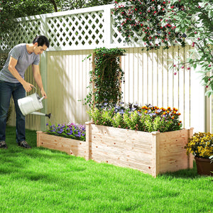 Jardinière avec treillis, lit surélevé de jardin, jardinière extérieure à 2 bacs avec fond ouvert, bac à fleurs en bois pour balcon terrasse patio, 222 x 63 x 132 cm, effet bois naturel