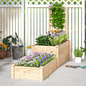 Jardinière avec treillis, lit surélevé de jardin, jardinière extérieure à 2 bacs avec fond ouvert, bac à fleurs en bois pour balcon terrasse patio, 222 x 63 x 132 cm, effet bois naturel
