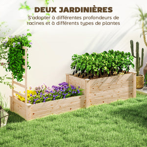 Jardinière avec treillis, lit surélevé de jardin, jardinière extérieure à 2 bacs avec fond ouvert, bac à fleurs en bois pour balcon terrasse patio, 222 x 63 x 132 cm, effet bois naturel