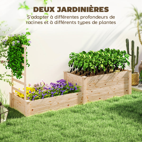 Jardinière avec treillis, lit surélevé de jardin, jardinière extérieure à 2 bacs avec fond ouvert, bac à fleurs en bois pour balcon terrasse patio, 222 x 63 x 132 cm, effet bois naturel