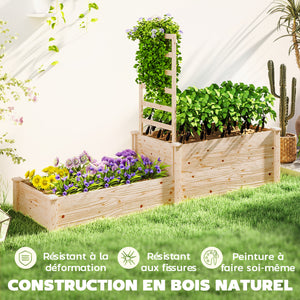 Jardinière avec treillis, lit surélevé de jardin, jardinière extérieure à 2 bacs avec fond ouvert, bac à fleurs en bois pour balcon terrasse patio, 222 x 63 x 132 cm, effet bois naturel