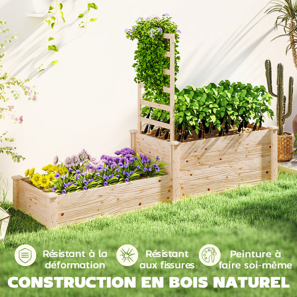 Jardinière avec treillis, lit surélevé de jardin, jardinière extérieure à 2 bacs avec fond ouvert, bac à fleurs en bois pour balcon terrasse patio, 222 x 63 x 132 cm, effet bois naturel