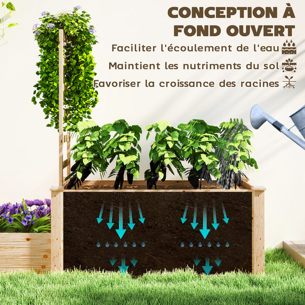 Jardinière avec treillis, lit surélevé de jardin, jardinière extérieure à 2 bacs avec fond ouvert, bac à fleurs en bois pour balcon terrasse patio, 222 x 63 x 132 cm, effet bois naturel