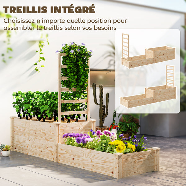 Jardinière avec treillis, lit surélevé de jardin, jardinière extérieure à 2 bacs avec fond ouvert, bac à fleurs en bois pour balcon terrasse patio, 222 x 63 x 132 cm, effet bois naturel