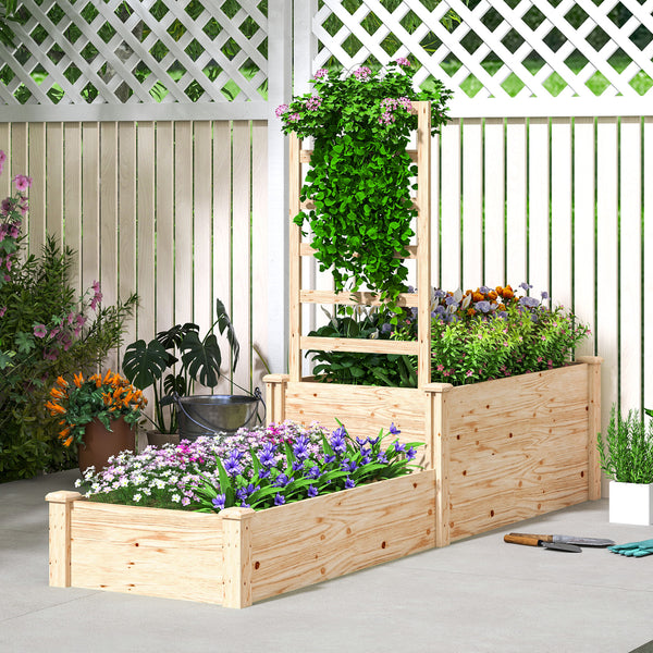 Jardinière avec treillis, lit surélevé de jardin, jardinière extérieure à 2 bacs avec fond ouvert, bac à fleurs en bois pour balcon terrasse patio, 222 x 63 x 132 cm, effet bois naturel