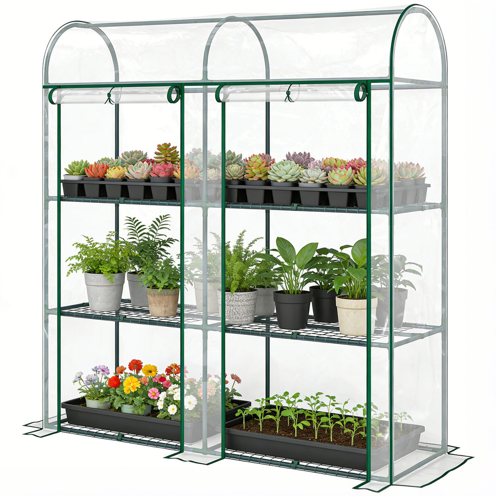 Serre de Jardin avec Étagères 3 Niveaux à Toit Arrondi, Petite Serre de Balcon en Bâche PVC et Châssis Acier, 2 Portes Roulantes, pour Légumes Plantes Fleurs, 143 x 46 x 165 cm, Transparent