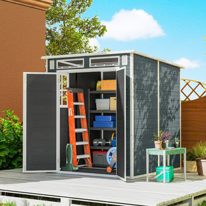 Abri de Jardin en Plastique 6 x 6 ft, Effet Bois, avec Plancher, Trois Fenêtres, Portes Verrouillables et Aérations, pour Outils, Vélo, Générateur, Gris
