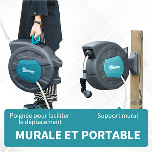 Enrouleur tuyau arrosage automatique pivotant 180° Tuyau 15 + 1,4 m avec Lance arrosage Support Mural intégré Turquoise Gris