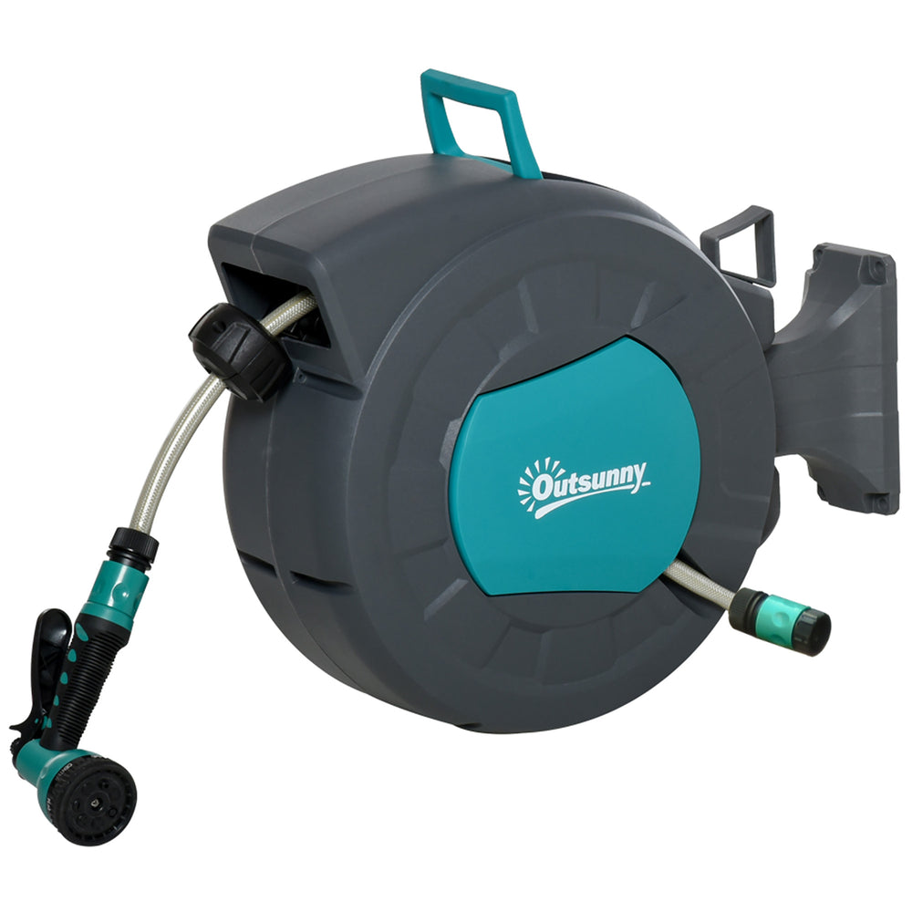 Enrouleur tuyau arrosage automatique pivotant 180° Tuyau 15 + 1,4 m avec Lance arrosage Support Mural intégré Turquoise Gris
