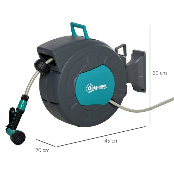 Enrouleur tuyau arrosage automatique pivotant 180° Tuyau 15 + 1,4 m avec Lance arrosage Support Mural intégré Turquoise Gris