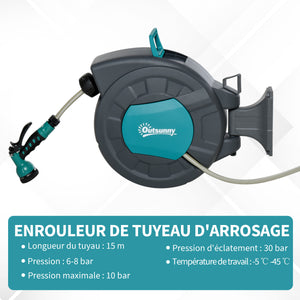 Enrouleur tuyau arrosage automatique pivotant 180° Tuyau 15 + 1,4 m avec Lance arrosage Support Mural intégré Turquoise Gris