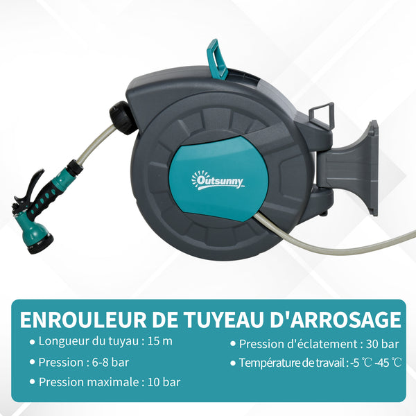 Enrouleur tuyau arrosage automatique pivotant 180° Tuyau 15 + 1,4 m avec Lance arrosage Support Mural intégré Turquoise Gris