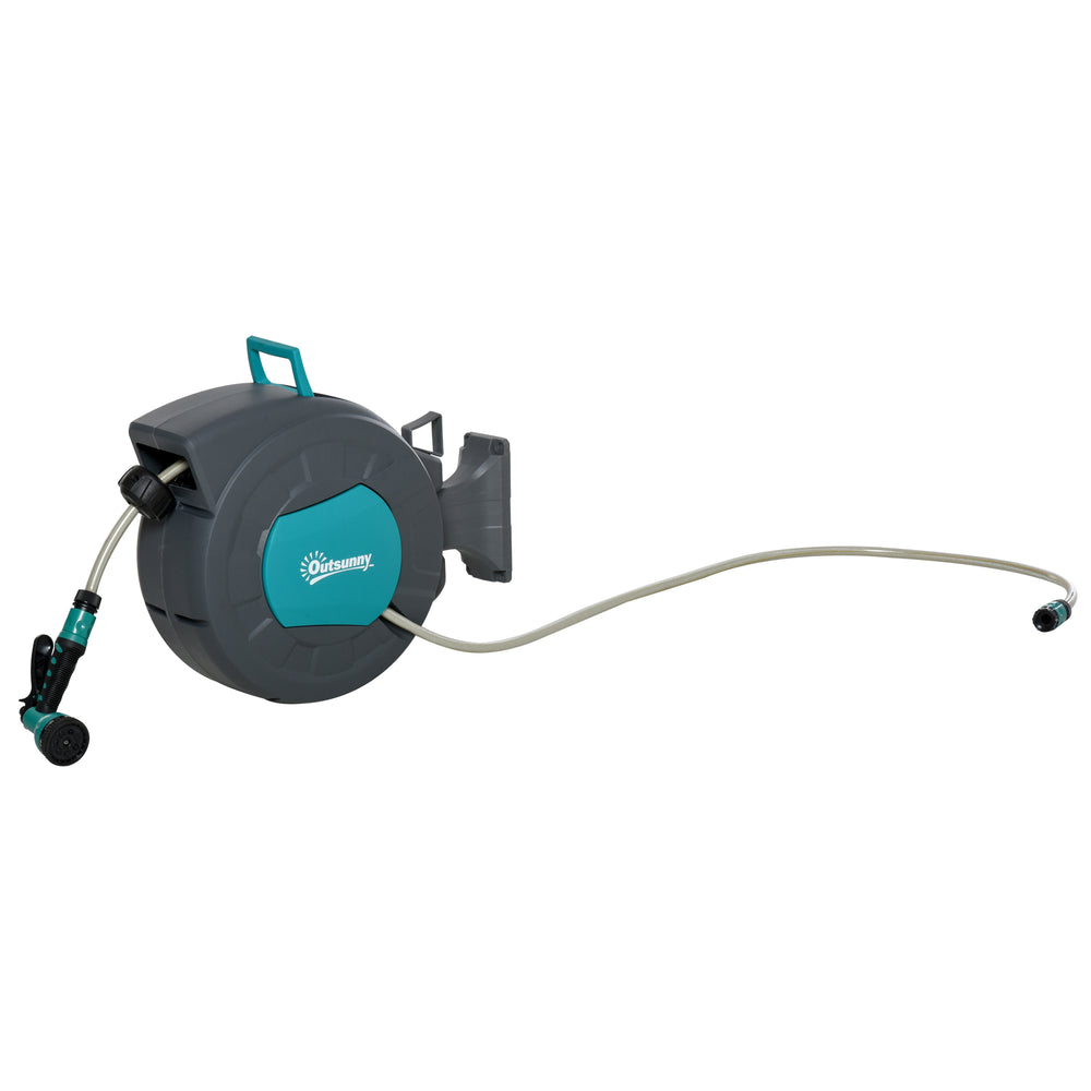 Enrouleur tuyau arrosage automatique pivotant 180° Tuyau 15 + 1,4 m avec Lance arrosage Support Mural intégré Turquoise Gris