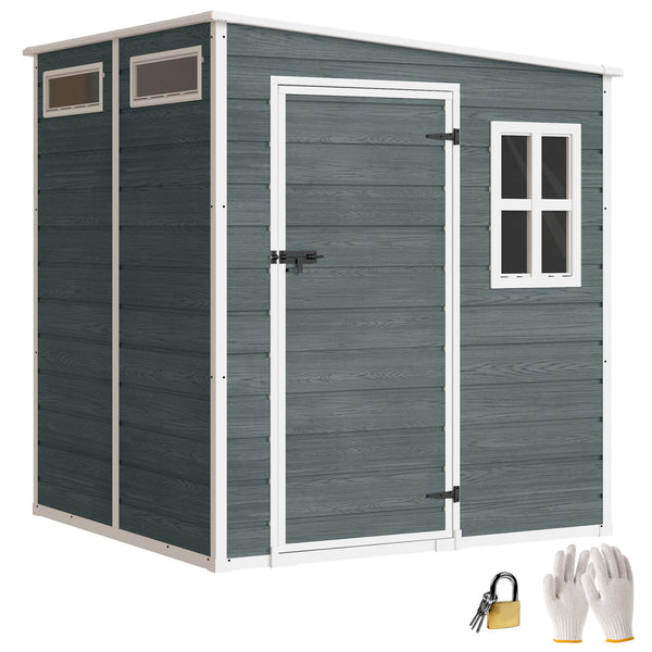 Abri de jardin  6 x 6 pieds avec plancher, effet bois, porte verrouillable et fenêtres pour jardin, patio, garage, pelouse, gris vieilli