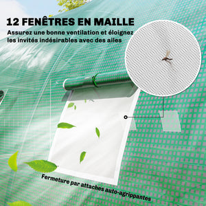 Serre Tunnel 395 x 595 x 199 cm avec 2 Barres de Support, 2 Portes Roulantes et 12 Fenêtres en Maille, Serre de Jardin avec Couverture en PE, Vert